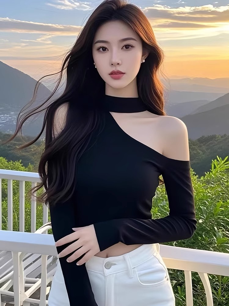 Shipped Black Long Sleeve T-shirt Spring 2025 New Women's Hammer Neck Base Shirt