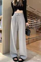 Shipped Gray wide-leg pants for women's spring straps for sports pants with high waist draping straight floor laminated casual sleeves