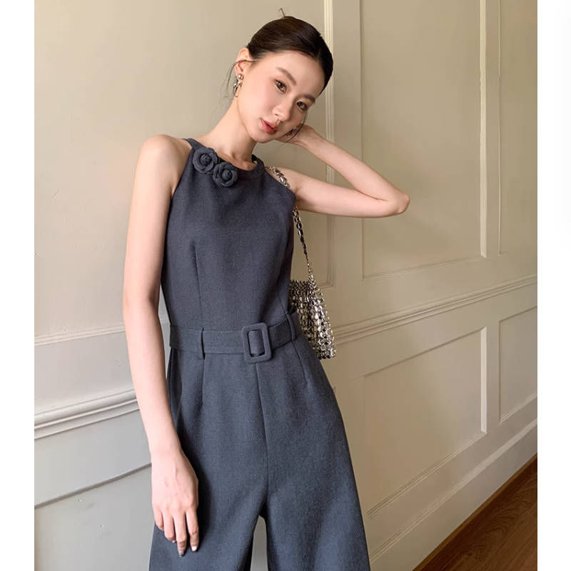 Shipped, halter neck waist jumpsuit for women, new autumn style three-dimensional cut wide-leg casual pants, simple and slim