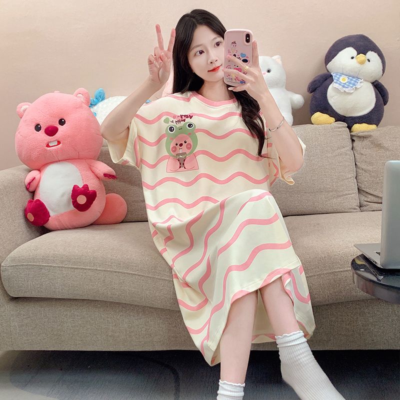 Summer tie-up imitation cotton round neck short-sleeved women's nightgown cartoon casual home clothing Korean style skirt