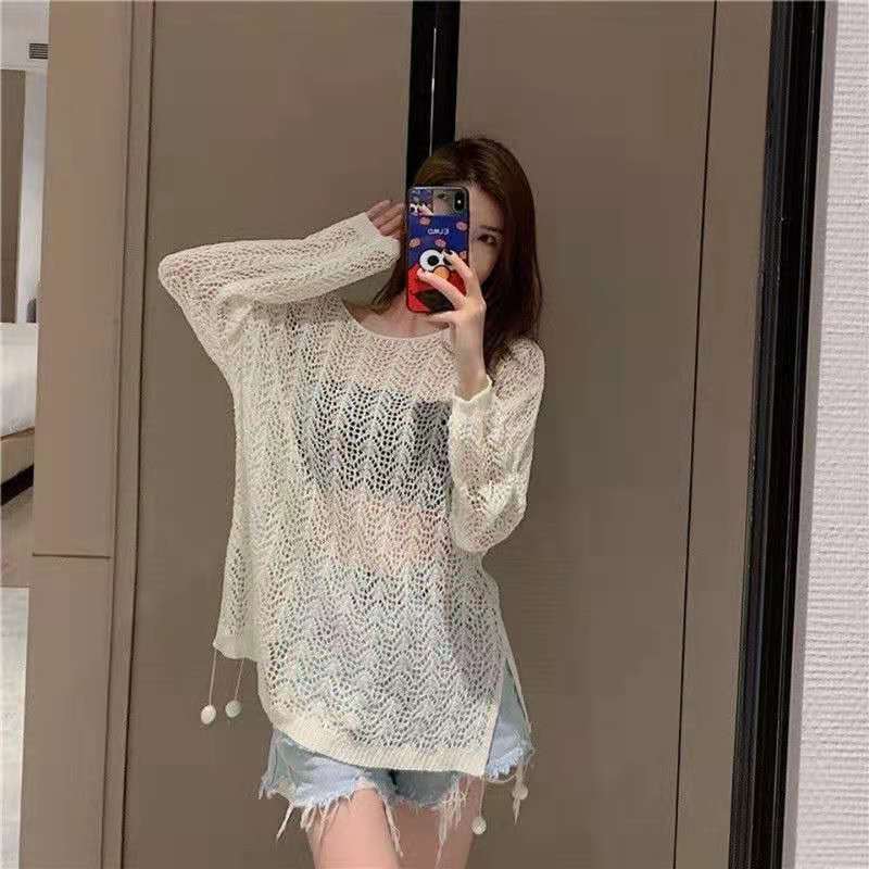 Shipped Loose long-sleeved knitted hoodie 2025 new women's fashion hollow slit top