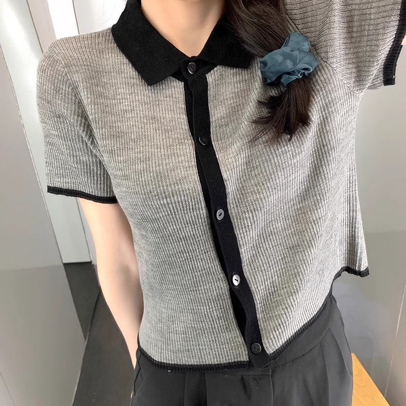 Shipped Contrast color knitted cardigan ice silk top short high waist slim short short sleeve T-shirt for women