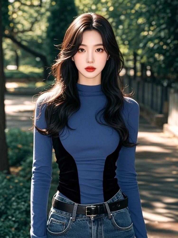 Shipped, a sexy hot girl with half turtle neckline contrasting slim base shirt for women