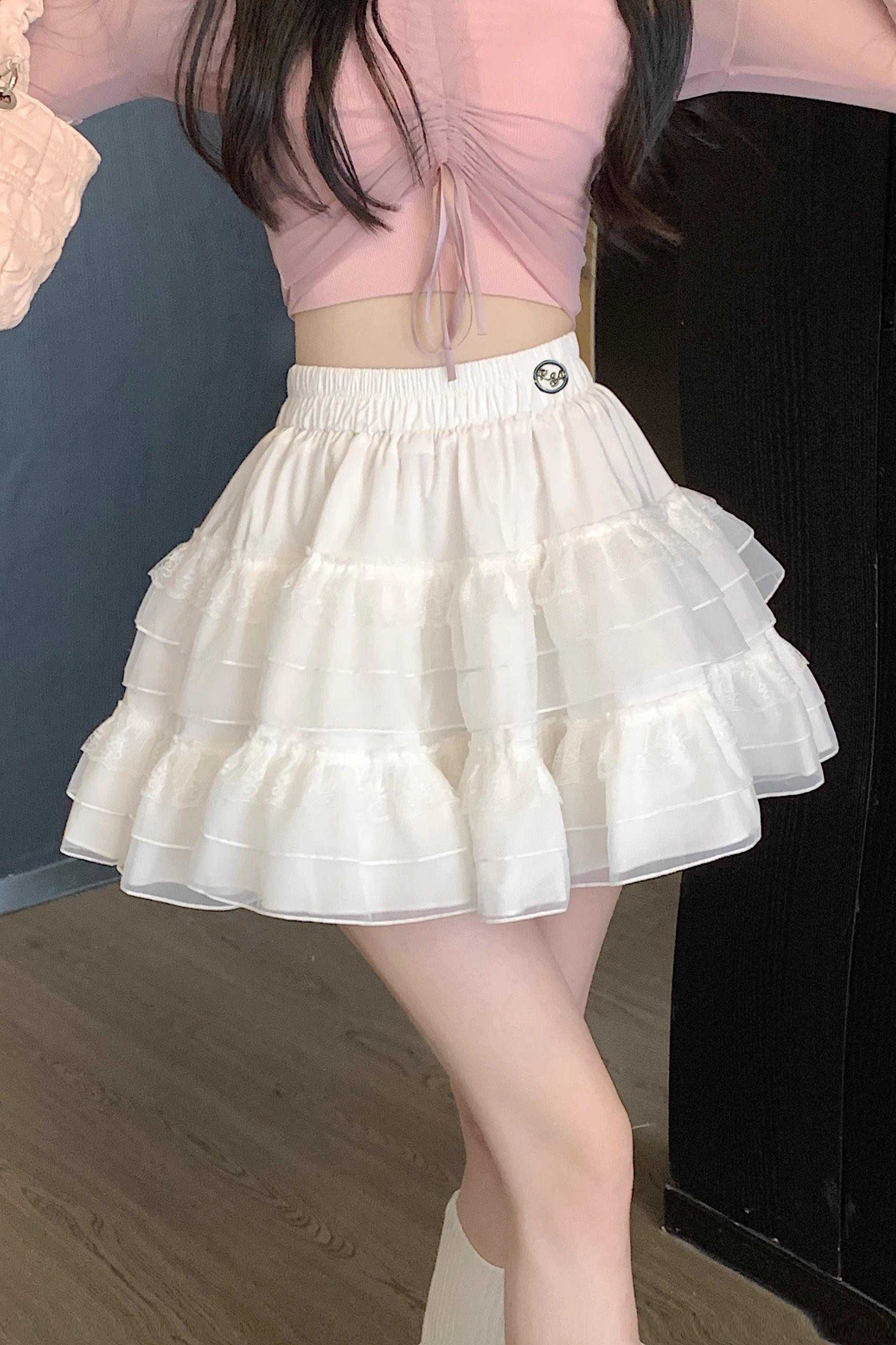 Shipped 2025 new ballet style high waist white mesh puffy skirt for women
