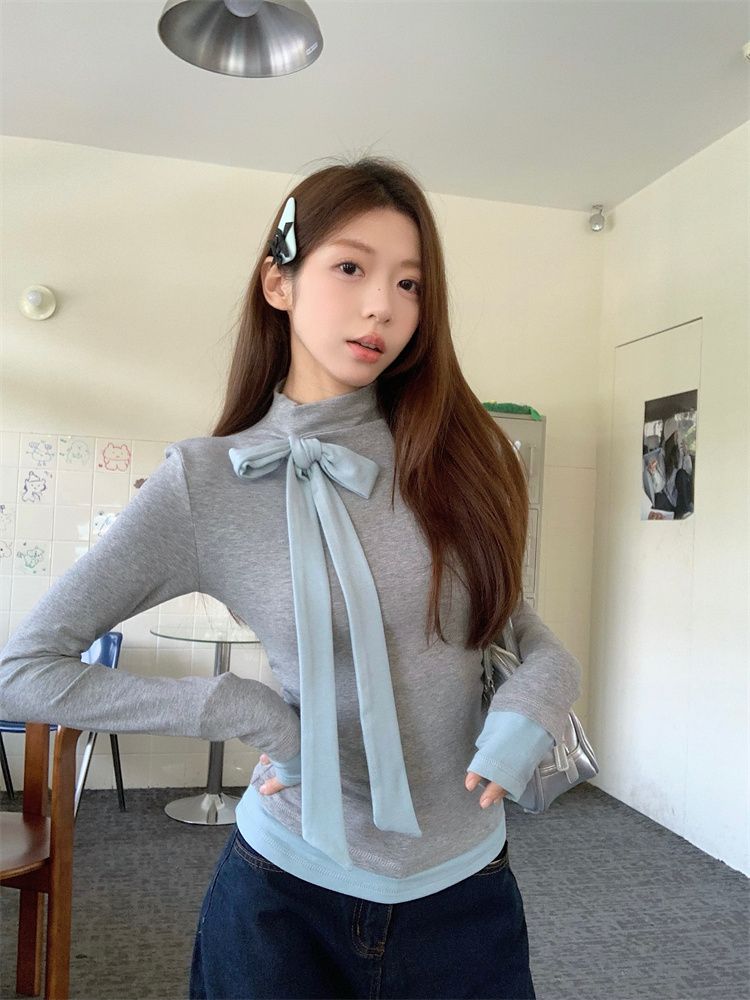 Shipped Contrast color half high neck long sleeve T-shirt for women in autumn, versatile slim temperament, slim base bow top