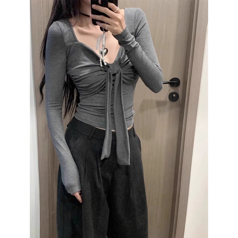 Shipped Cotton Rib Niche Wrinkled French Top Design Bow Lace-up T-shirt