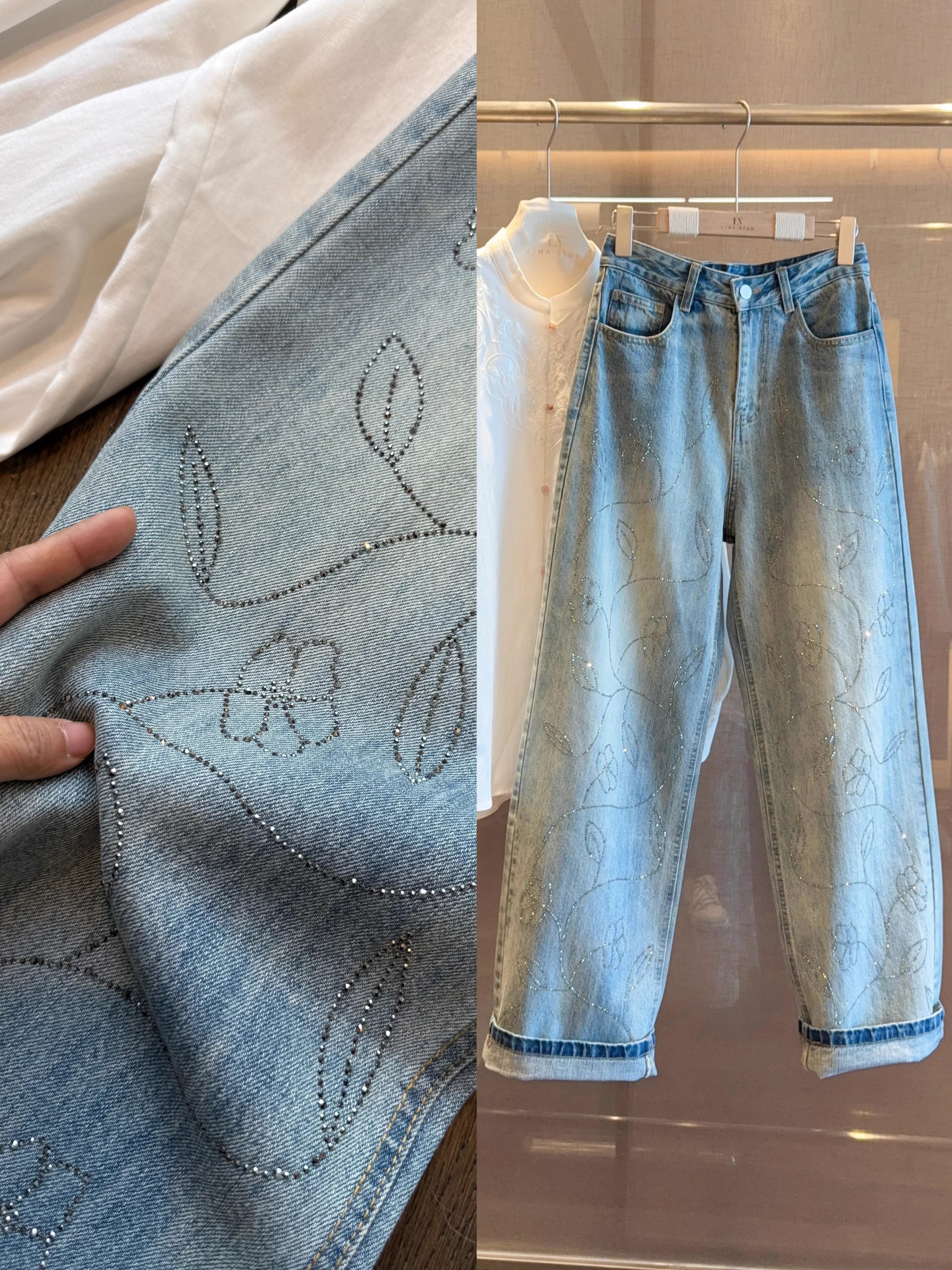 Korean version of heavy industry hot diamond denim straight pants for women in spring washing retro light blue wide-leg pants high waist casual trousers