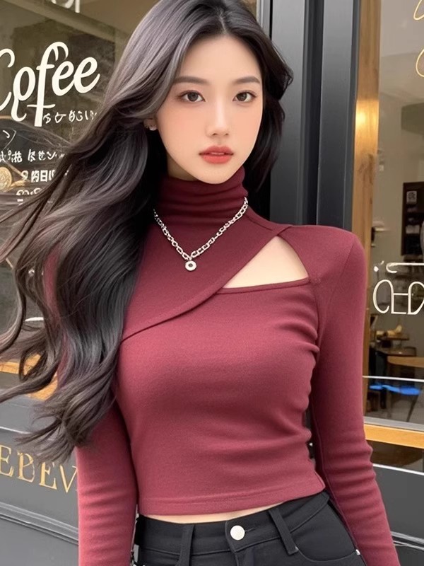 Shipped turtleneck base shirt for women with autumn and winter inner wear super beautiful hollow long-sleeved T-shirt