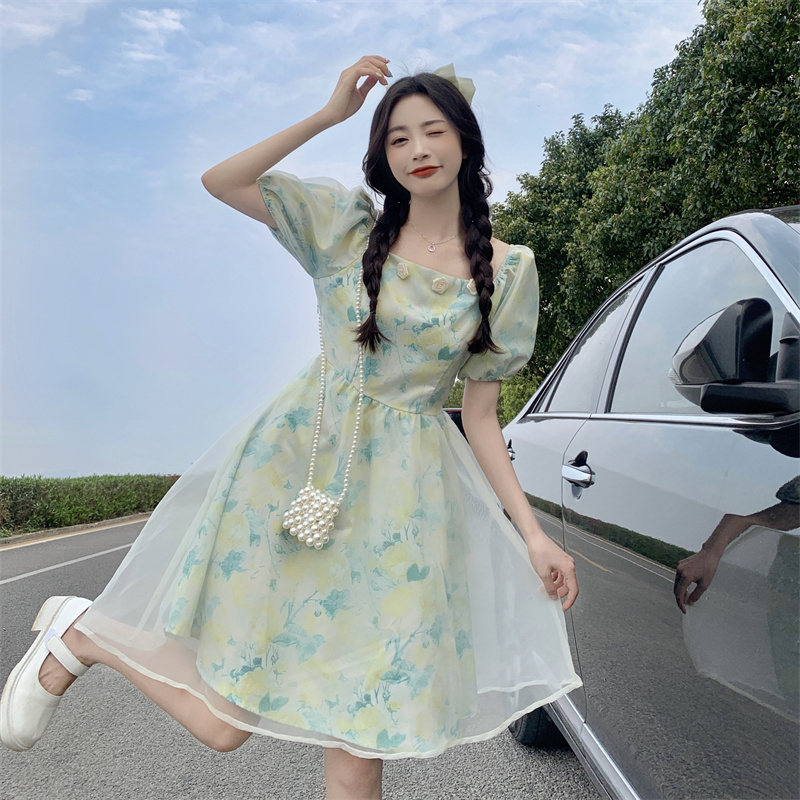 Has shipped high-end girl princess dress super fairy little one is unique and stunning, sweet waist-hugging short-sleeved dress