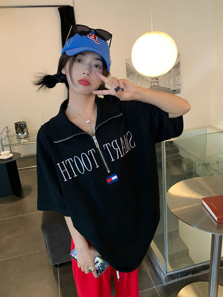 Shipped Pure Cotton Embroidered Polo Collar Short Sleeve Women's Summer New American Retro Zipper T-shirt