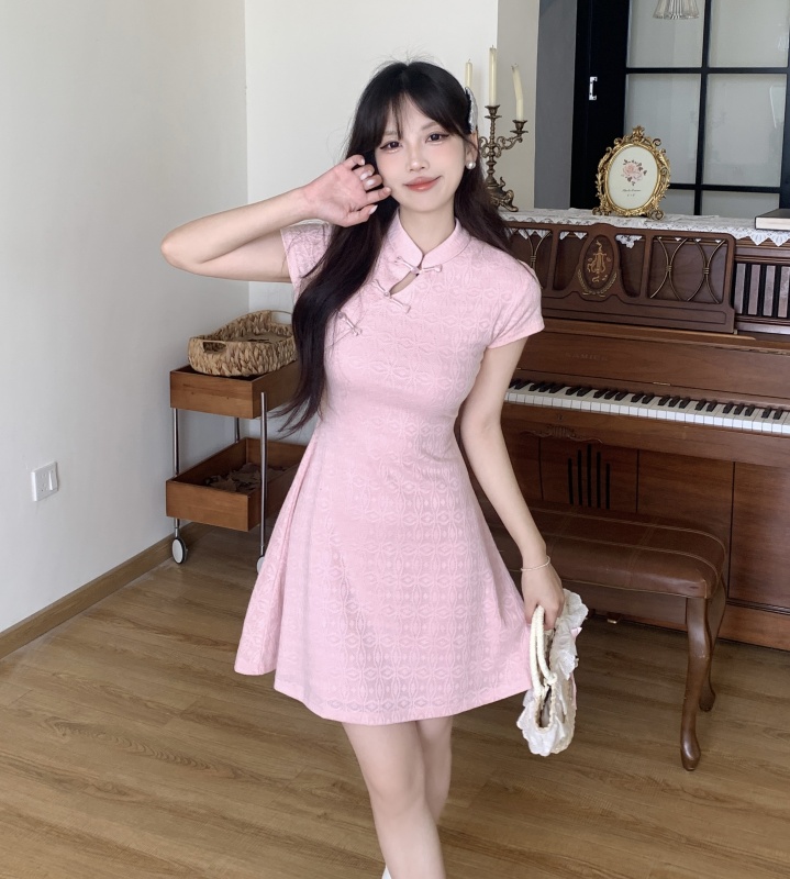 Real shot 2025 large-size women's summer new style fat MM new Chinese style button design waist-hugging and slimming knitted dress