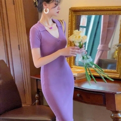 Shipped California portrait retro American v-neck knitted dress waist-hugging slim polo skirt