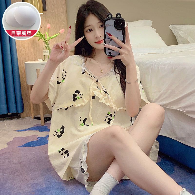Summer cloud cotton with chest pad lace lace short-sleeved pajamas women's suit home clothes