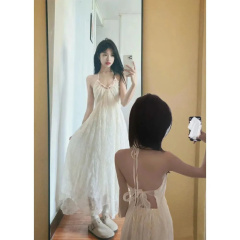 Shipped Pure erect backless halter skirt printed chiffon seaside dress