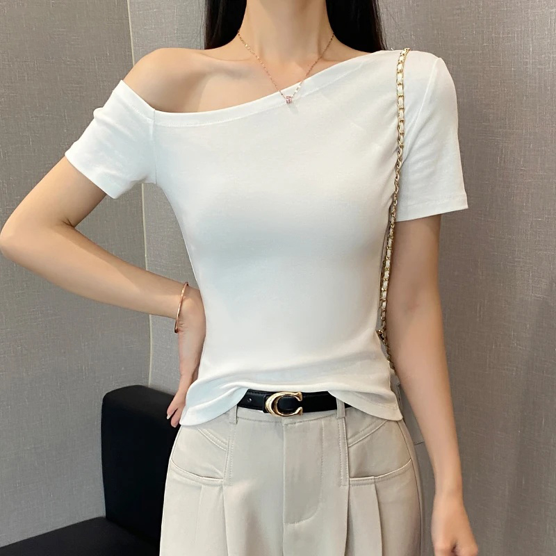 Official photo 210g 1*1 pure cotton thread slanted shoulder T-shirt for women short-sleeved summer one-length neck hot girl shoulder top