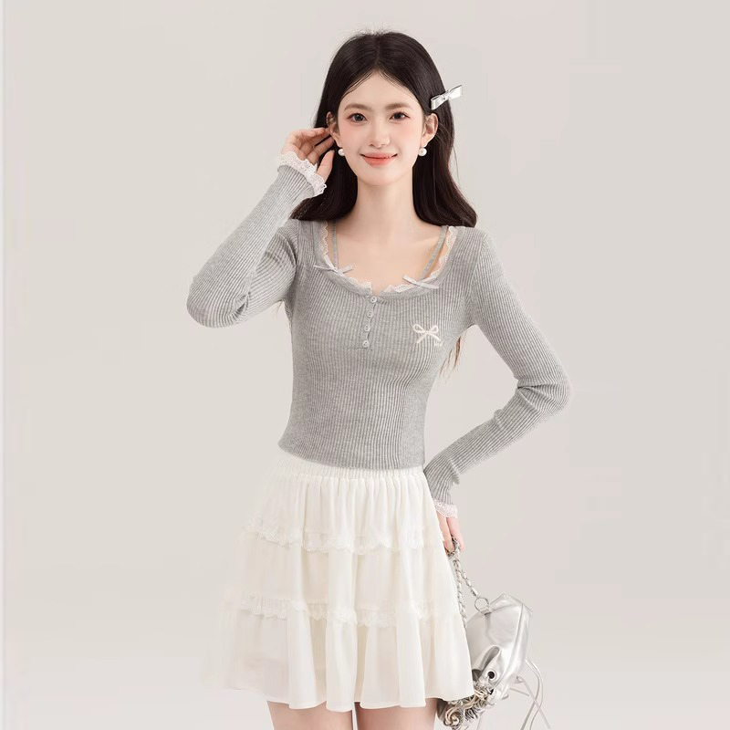 Shipped Sweet Lace Lace Women's Spring 2025 New Design Slim Fit Fake Two-Piece Top