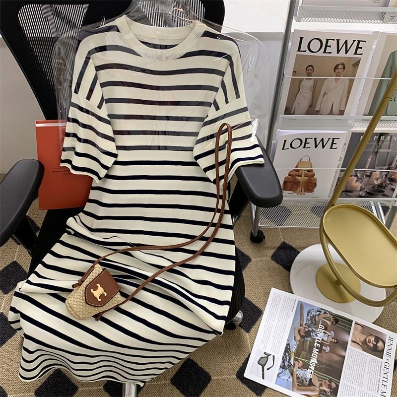 Shipped Striped Skirt Knitted Summer 2025 New Round Neck Short Sleeve Loose Straight Dress for Women