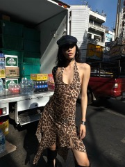 Shipped Wild Factor Leopard Print Irregular Skirt Dress Hanging Neck Backless Design Slide Skirt