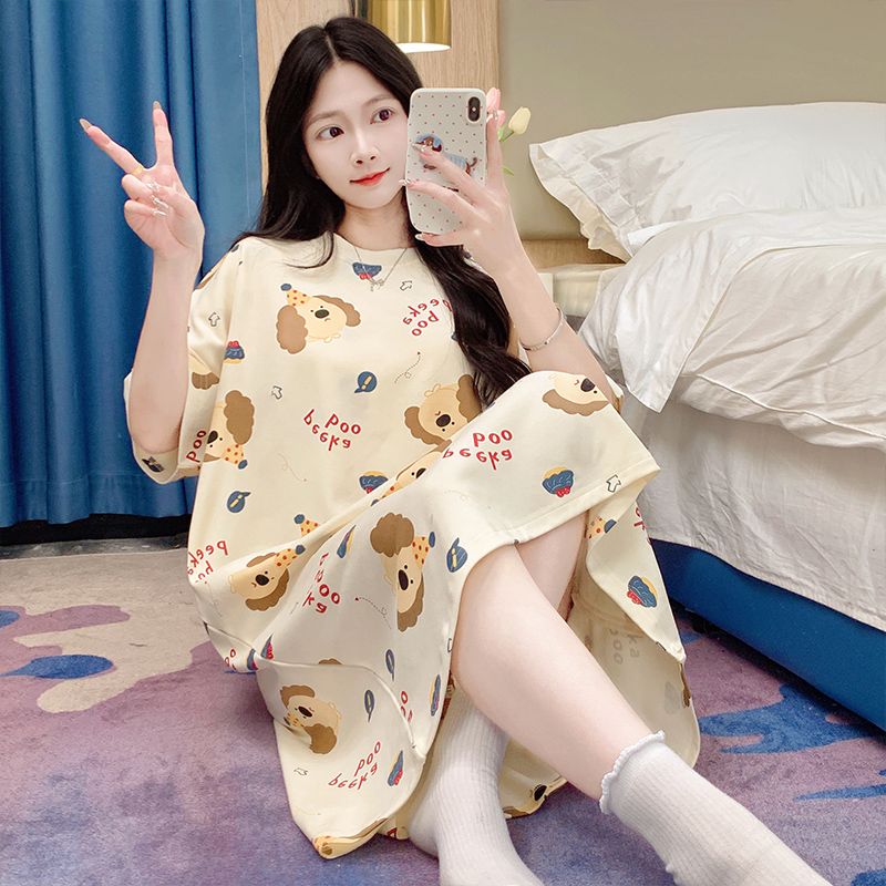 Summer tie-up imitation cotton round neck short-sleeved women's nightgown cartoon casual home clothing Korean style skirt