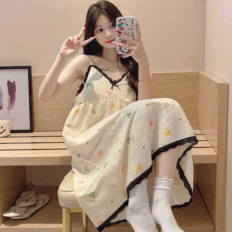 Summer cloud cotton with chest pad lace lace suspender nightgown for women's home clothes nightgown