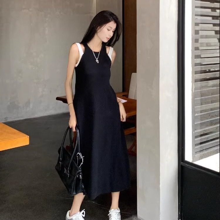 Shipped New fake two-piece off-shoulder knitted long skirt temperament gentle style niche design vest dress for women