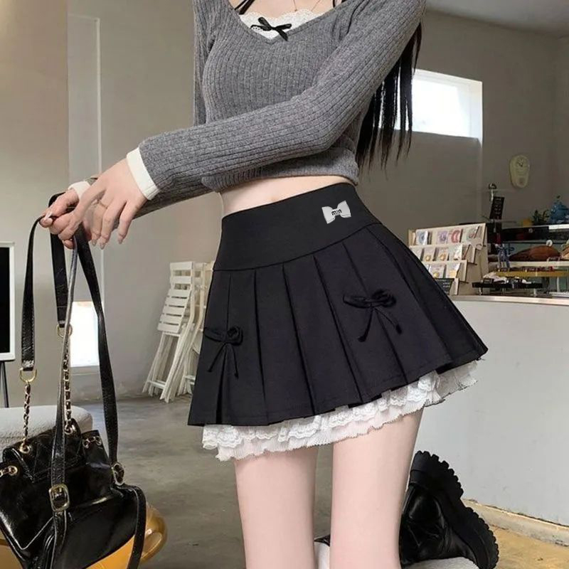 Shipped Lace solid color pleated skirt for women in summer small high-waisted suit skirt anti-exposure A-line skirt
