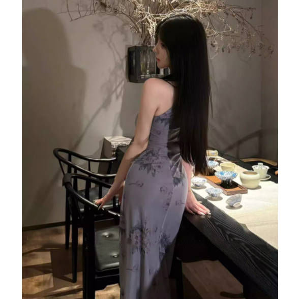 Shipped New Chinese printed hollow modified cheongsam skirt for women with retro gentle style design niche slit skirt