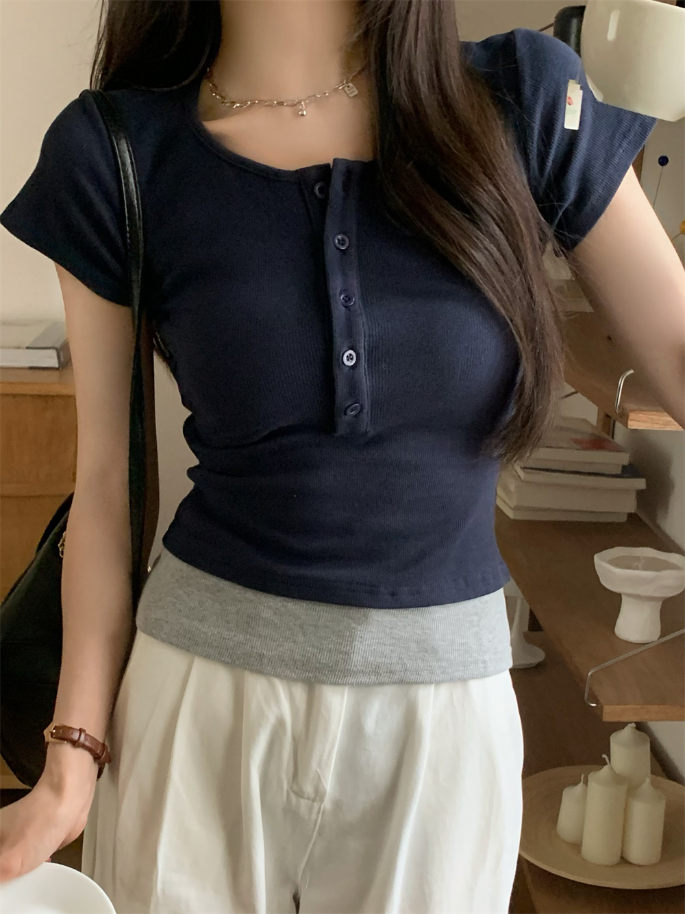 Real shot 40 pure cotton 210g 92 cotton/8 spandex short-sleeved T-shirt for women splicing two fake pieces