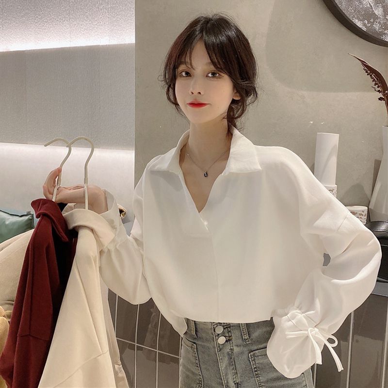 White shirt for women's autumn clothes 2025 new Korean style design sense lapel drawstring niche chic long-sleeved top chic