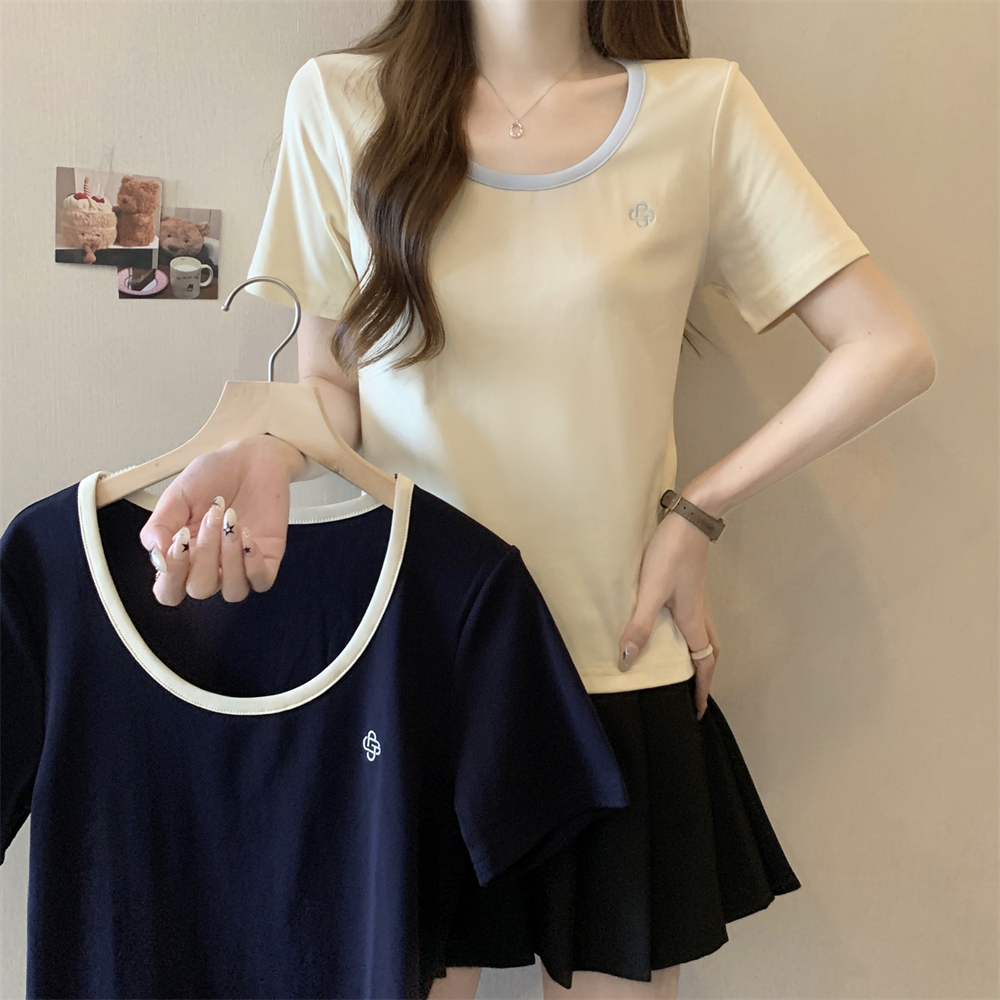 Real photo 40 pure cotton 210g 92 cotton/8 spandex short-sleeved T-shirt for women contrasting color embroidery