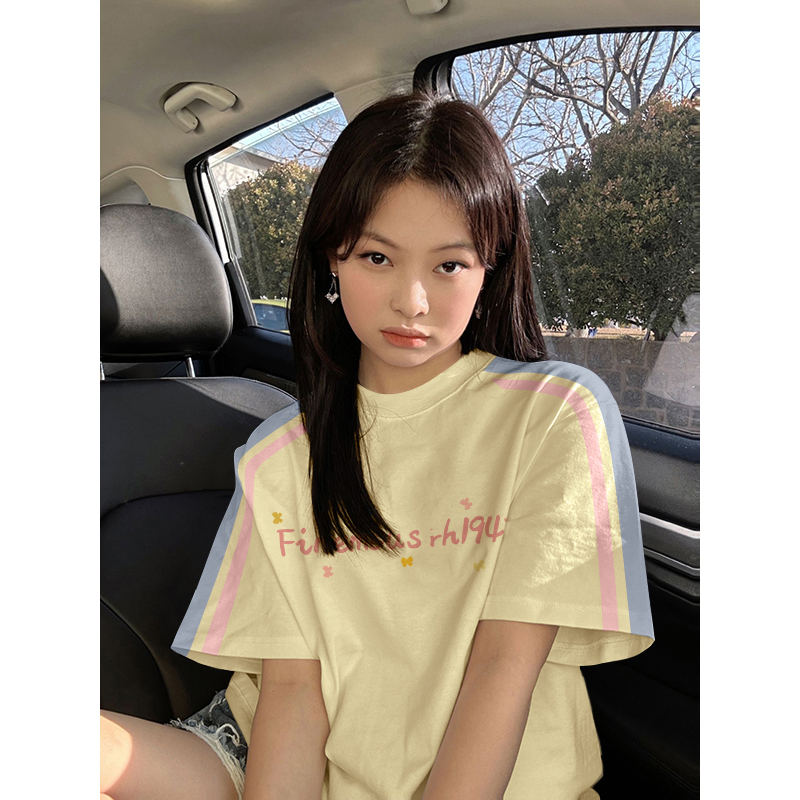 High-quality pure cotton 220g 19 pieces of wool + feel printed loose large version of raglan contrasting color short-sleeved T-shirt for women