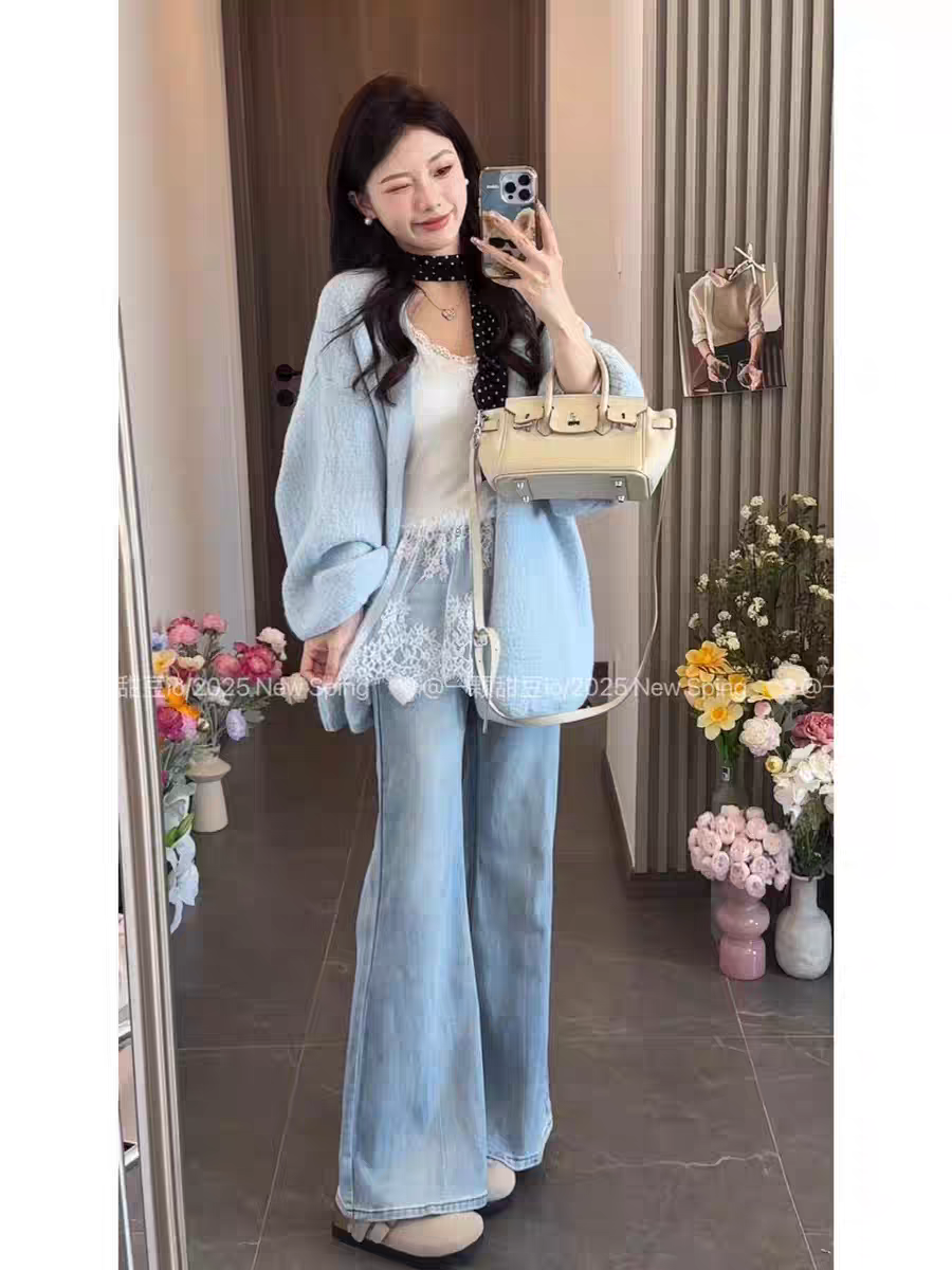 2025 new style bark pattern craft puff sleeve cardigan jacket for women in spring wear Korean lazy style knitted top