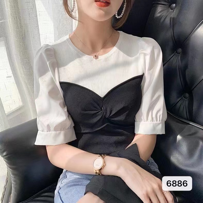 Short-sleeved women's outerwear French tops new slim temperament contrasting color spliced ​​puff sleeve knitted sweater