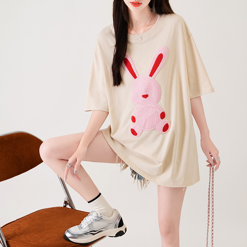 Real shot of 32 double yarn 230g short-sleeved T-shirt for women's summer 2025 Korean embroidered mid-length round neck top large size women's clothing