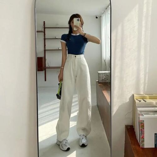 New spring and summer wide-leg jeans for women loose high waist straight-leg pants versatile slim Hong Kong style pants casual dad pants