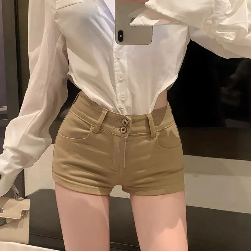 卡其色短褲女夏季新款豐胯牛仔褲子高腰顯瘦緊身辣妹a字超短熱褲