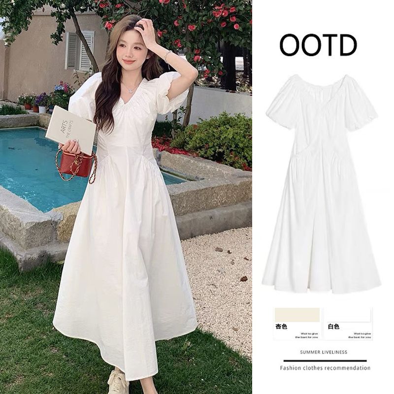 White French V-neck Puff Sleeve Dress for Women in Summer New First Love Female Slimming Pocket A-line Over-Knee Skirt