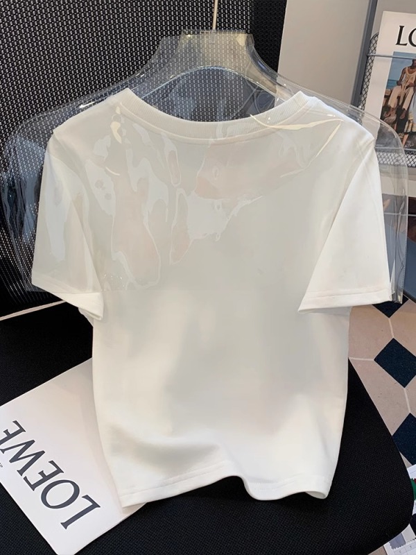 White front shoulder short-sleeved T-shirt for women simple butterfly print 2025 summer new slim slim versatile top trendy