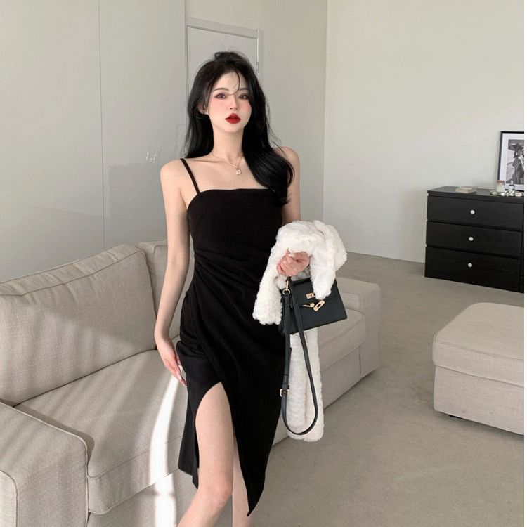 2025 new summer two-color suspender pleated dress new pure and mature midi skirt for women