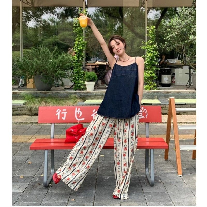 Cartoon graffiti wide-leg pants for women in summer thin ice silk wear puppy print walk pants sports casual trousers