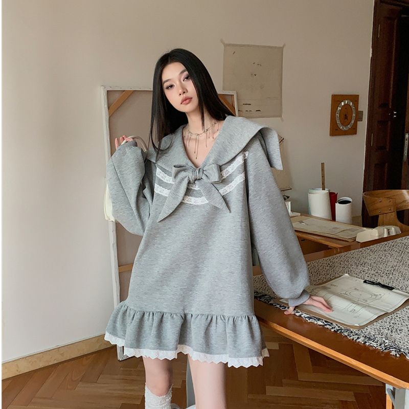 Bow tie-up loose slim long-sleeved dress spring new sweet girl ruffle sweater short skirt