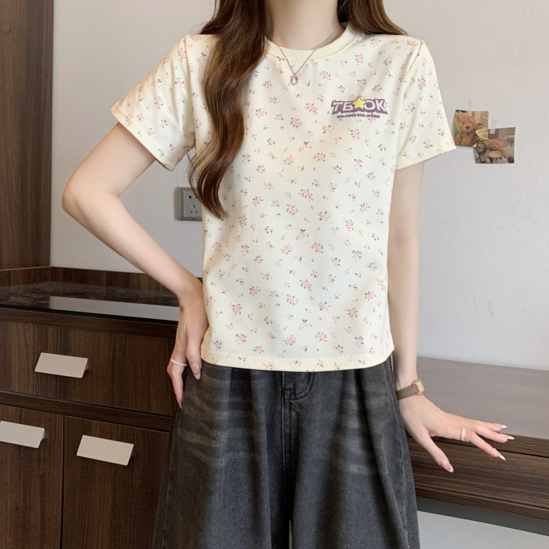 Real shot 21 pure cotton high-tight 200g short-sleeved T-shirt for women, short print foam