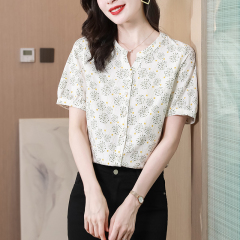 Real photo of pure cotton floral shirt for women short-sleeved 2025 summer new trendy shirt temperament fashionable chic top