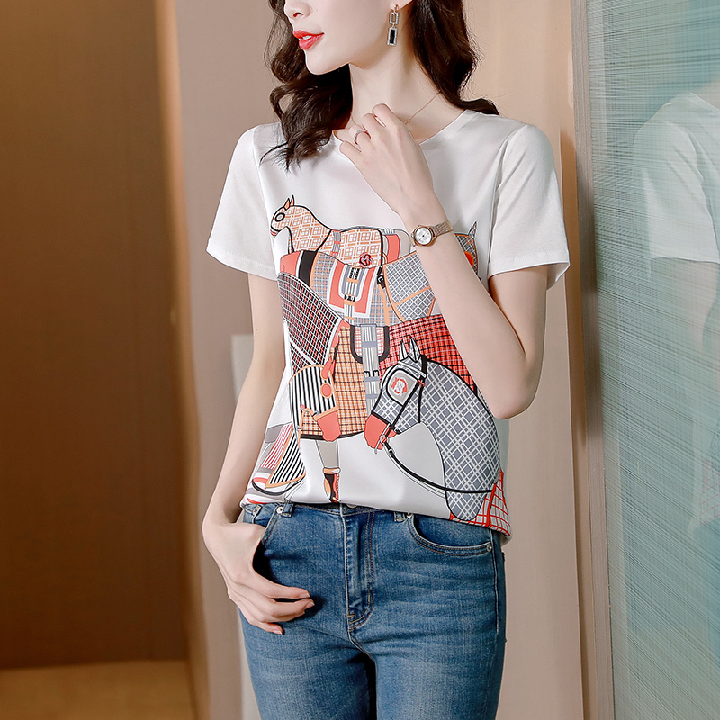 Real photo of white silk short-sleeved T-shirt for women's summer 2025 new fashionable printed round neck mulberry silk top trendy