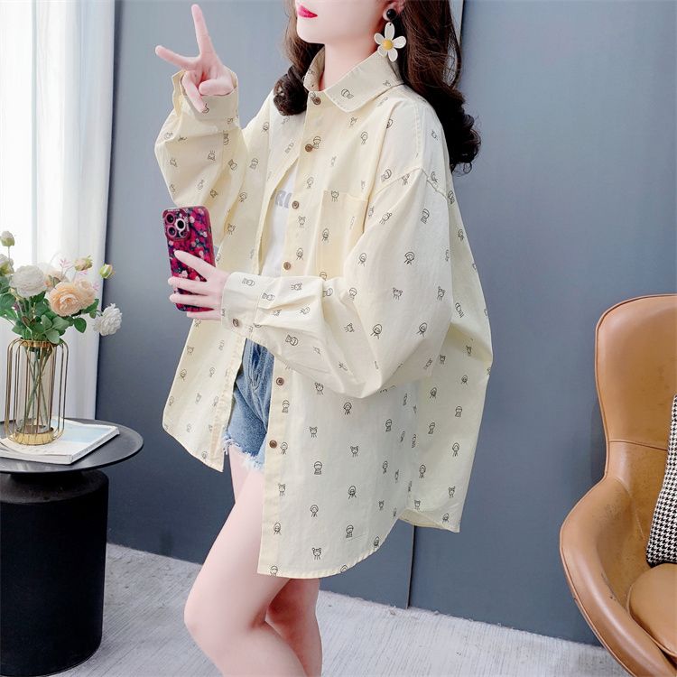 Official pictures Spring 2025 new cartoon print design POLO neck long sleeve cardigan shirt for women