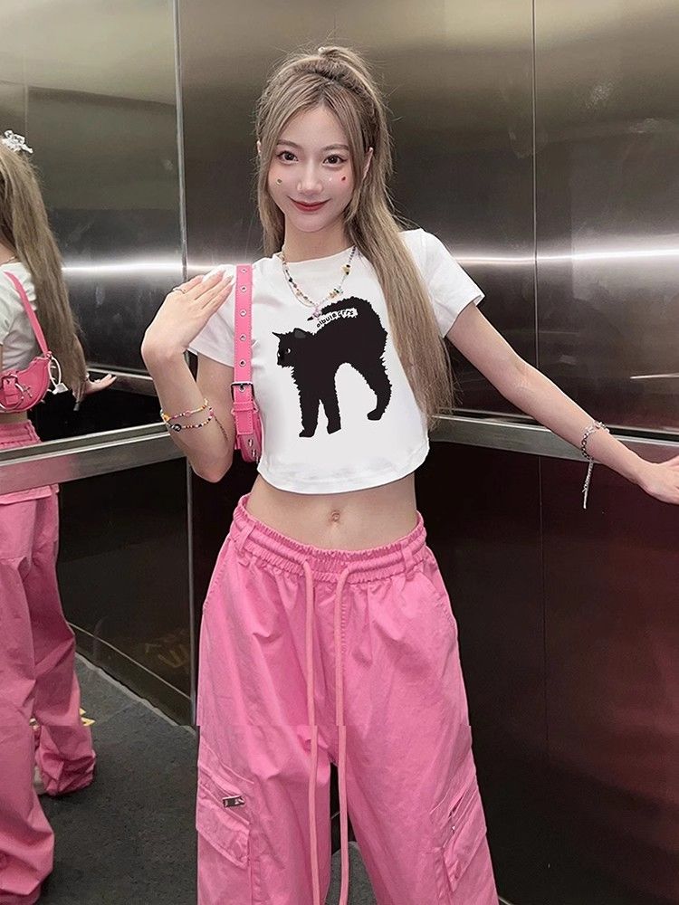 1*1 pure cotton, high elastic new summer short-sleeved short style with high-waisted pants, slim and fashionable top