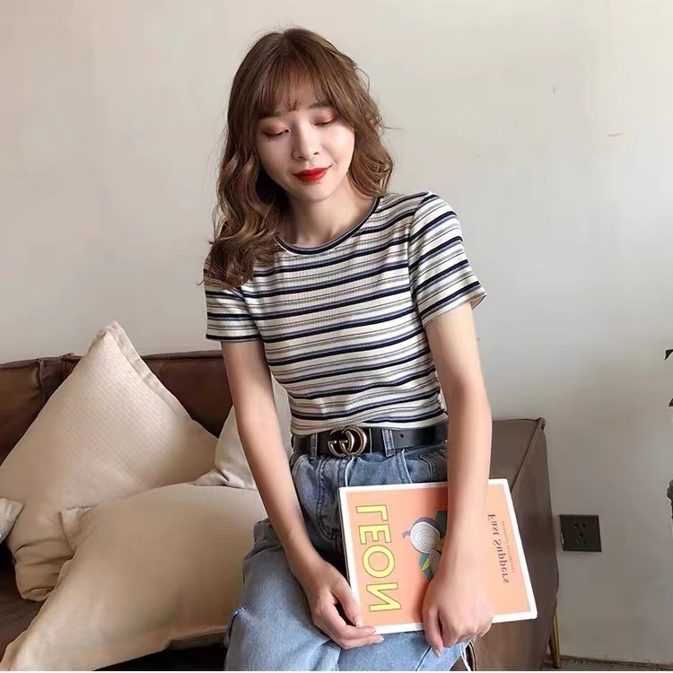 Threaded ice silk striped short-sleeved T-shirt for women's new summer square collar short top