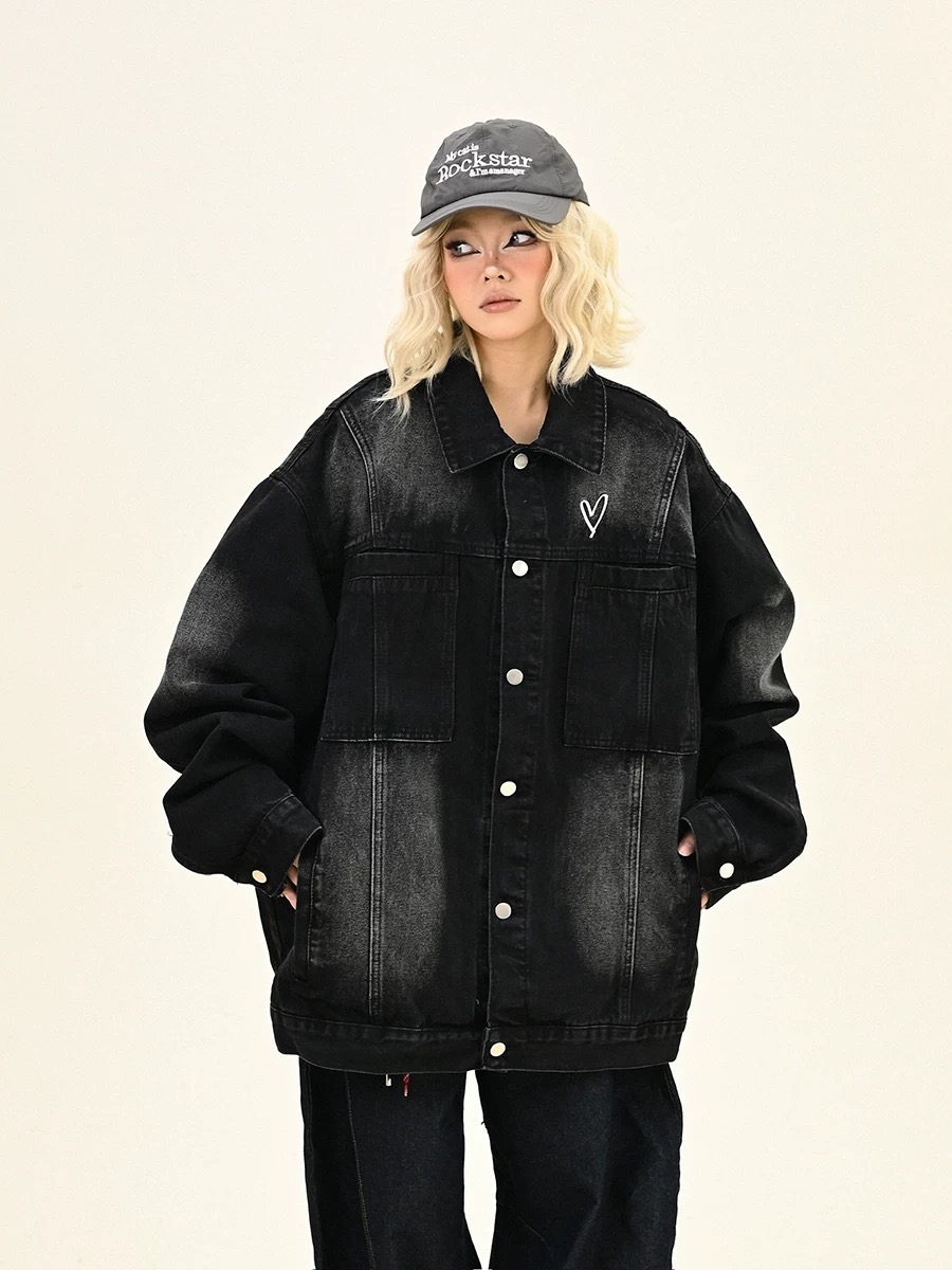Black love embroidered denim jacket for women 2025 spring new loose bf American college style jacket