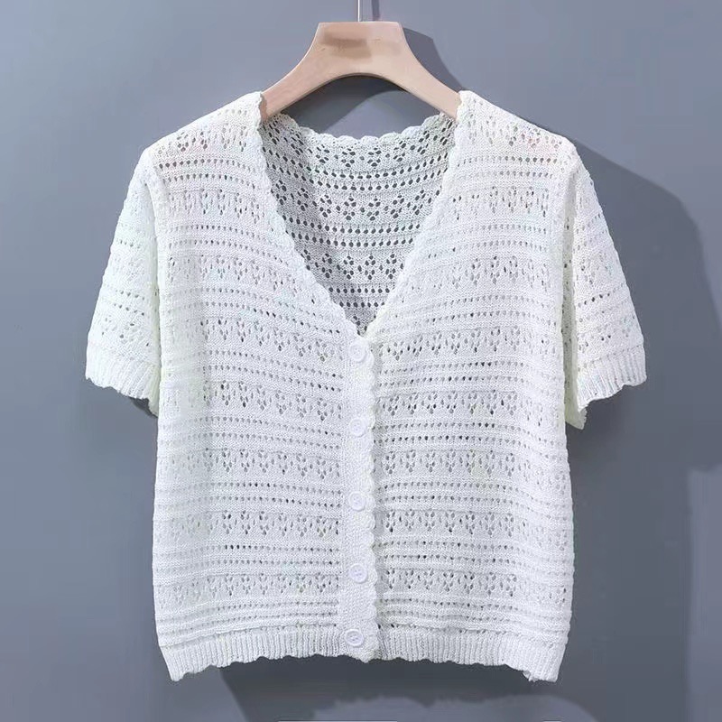 French hollow ice silk knitted cardigan for women 2025 spring and summer small person loose short-sleeved sunscreen shawl exterior