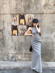 Real shot of grey hot girl suit skirt for women in spring half turtle neck wear sleeveless vest open-slit fish tail long skirt